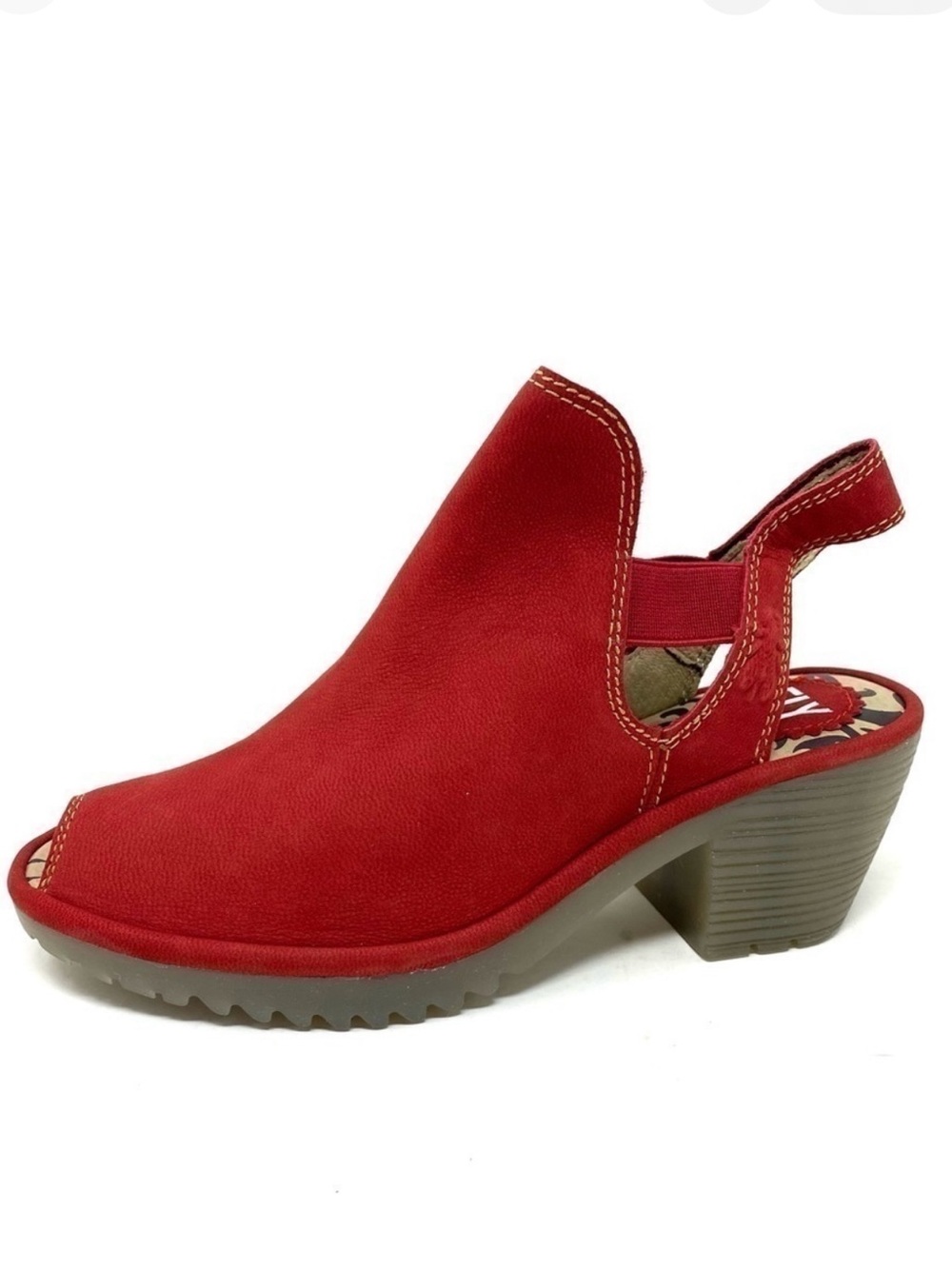 Fly London Red Peep-Toe Slingback Mule with Block Heel 9/9.5